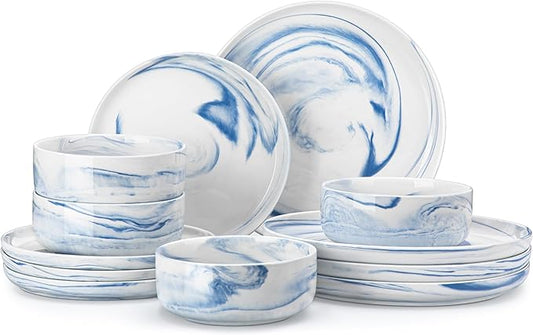 MALACASA Plates and Bowls Sets, 12 Pieces Porcelain Dinnerware Sets Dishware Sets Chip Resistant Ceramic Dish Set Dining Dinner Ware Service for 4, Marble Blue, Series LUNA