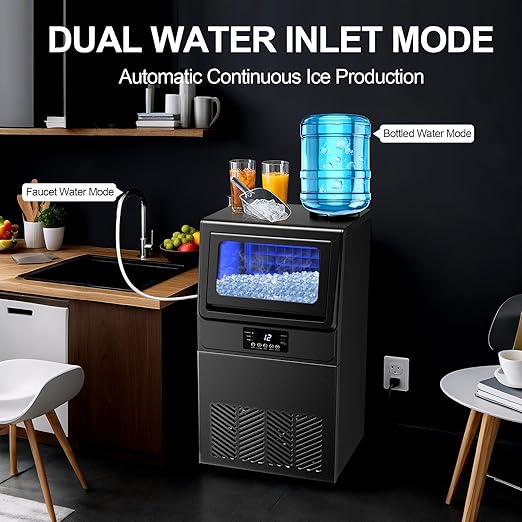 High-Efficiency Commercial Ice Maker: 100 lbs Daily Production, Stainless Steel Under Counter Ice Machine, 25 lbs Ice Storage Capacity, Dual Water Inlet, for Home Commercial Use