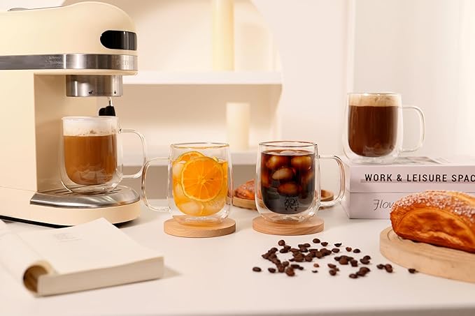 CNGLASS Glass Coffee Mugs 12oz,Double Wall Insulated Mug Set with Handle,Clear Glass Espresso Mugs for Latte,Cappuccino,Tea Bag,Hot and Cold Beverages,Set of 2