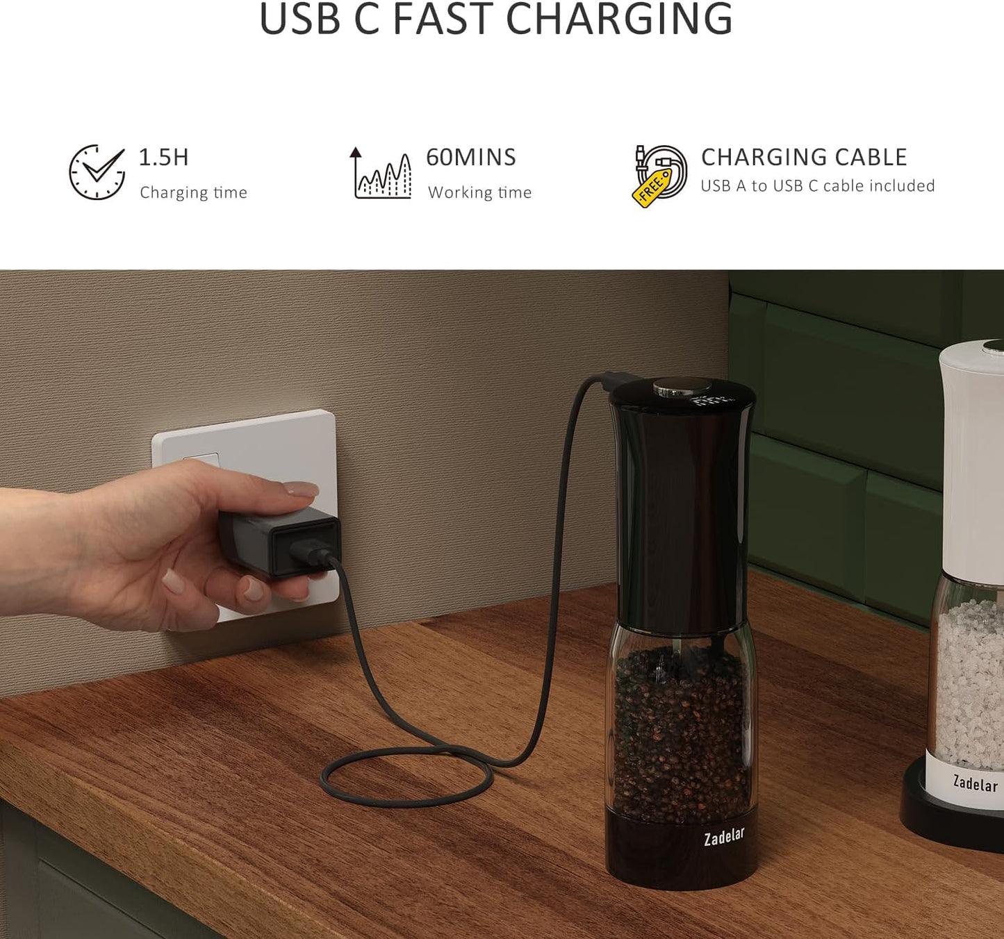 Salt and Pepper Grinder Set with LED Power Display Larger Capacity Salt and Pepper Shakers Set Rechargeable Electric with Flexible Coarsenes LED Light One Hand Operation for Kitchen(White+Black)