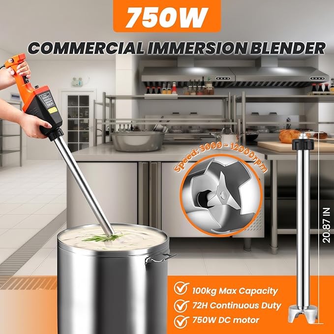 750W Commercial Immersion Blender Brushless DC Motor Hand Held Blenders Heavy Duty Variable Speed Mixer with 21 Inch Removable Shaft 50-Gallon Capacity Multifunction Pro