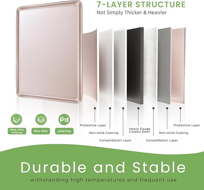 0.8mm 17-Inch Half Sheet Baking Pans,0.8mm Durable Non-Stick Carbon Steel Baking Sheet for Oven,Cookie Sheet Pan for Roasting Meat Bread Jelly Roll 17.52" x 11.73" x 0.91" (Champagne Gold)