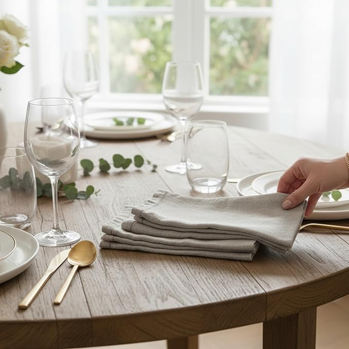 Hemstitched Linen Napkins – 20 Inch x 20 Inch – Stonewashed Pure Linen Cloth Dinner Napkins with Mitered Corners - 100% French Flax – Machine Washable - Set of 4 (Natural Oatmeal)