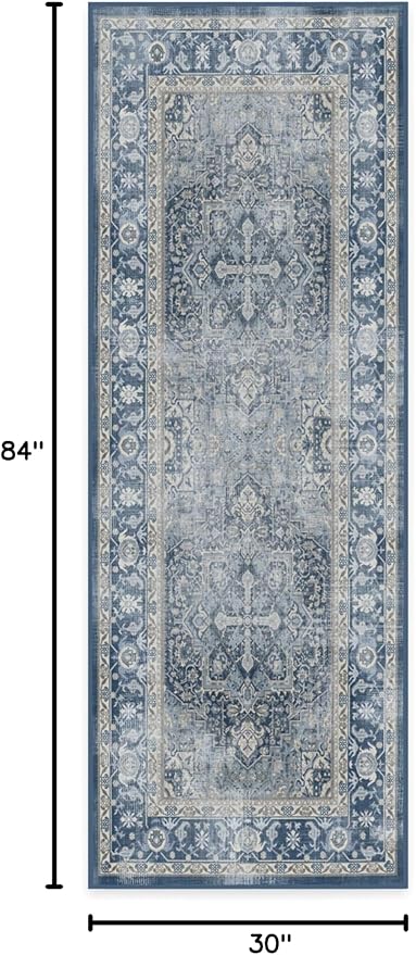 RUGGABLE Washable Vintage Runner Rug – Kamran Admiral Blue 2.5x7, Stain-Resistant, Non-Slip Hallway Runner – Machine Washable Rug for Hallway, Entryway, Living Room & Kitchen–with Cushioned Pad