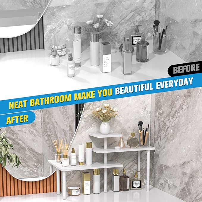 JayRex Bathroom Organizer Countertop Corner Shelf, 3 Tier Moveable Organizer for Make Up, Dresser Table, Desktop (White)