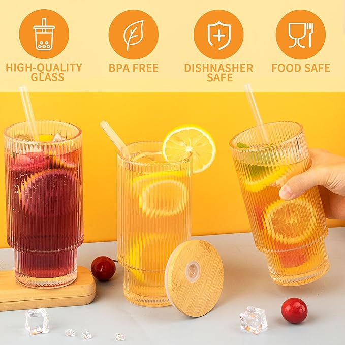 6 Pcs 16oz Ribbed Glass Cups With Bamboo Lids, Stackable, Suitable for Coffee, Juice, Cocktails, Beer