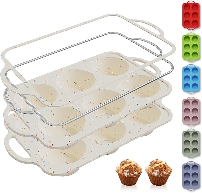 2 Packs 6 Cups Silicone Muffin Pan with Metal Reinforced Frame Jumbo Size Cupcake Pan Tray Egg Bites Silicone Circle Cookie Molds Muffin Tin Tart Pans Large Big Baking Sheet Set for Breakfast