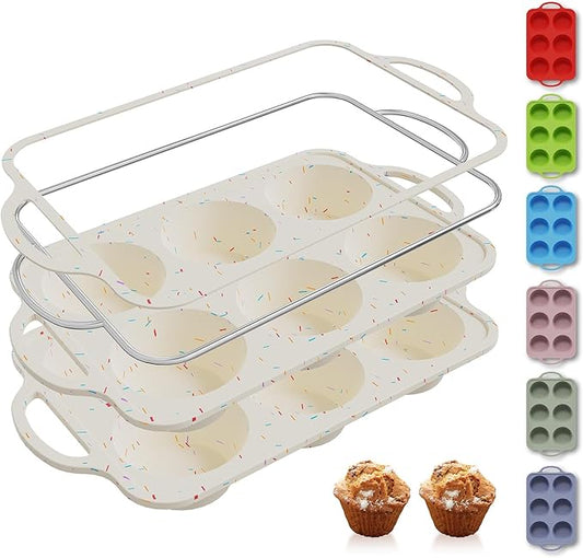 2 Packs 6 Cups Silicone Muffin Pan with Metal Reinforced Frame Jumbo Size Cupcake Pan Tray Egg Bites Silicone Circle Cookie Molds Muffin Tin Tart Pans Large Big Baking Sheet Set for Breakfast