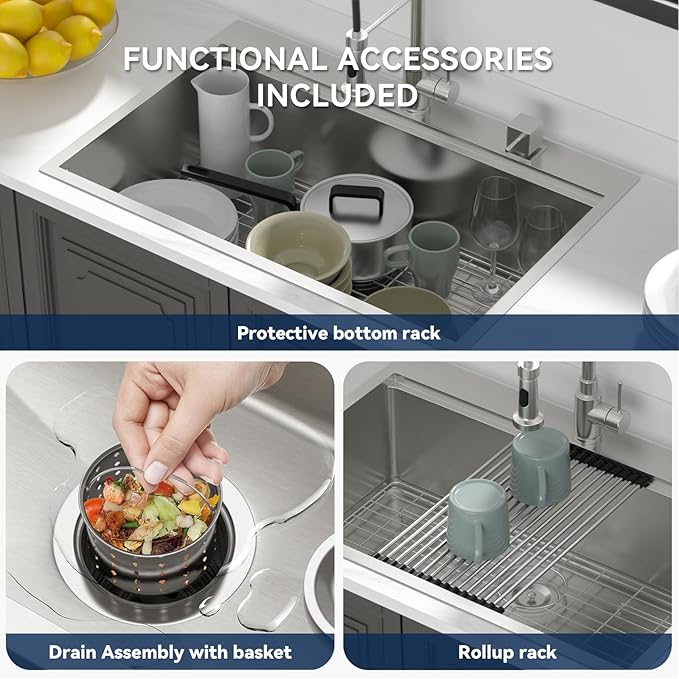 LORDEAR 30x22 Inch Drop In Kitchen Sink Stainless Steel Workstation Kitchen Sinks 16 Gauge Single Bowl Sink with Ledges 30 inch Topmount Kitchen Sinks Round Corners