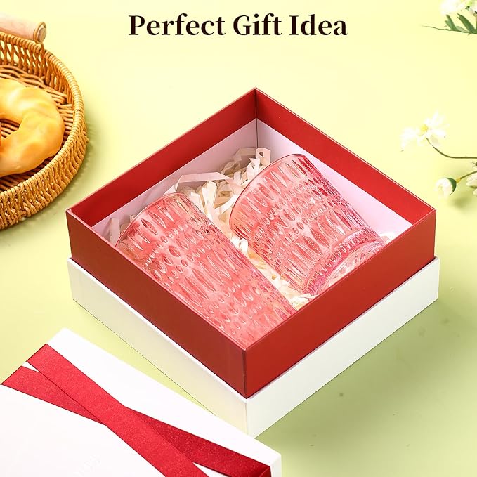 Glassware Drinking Glasses Set of 8, 14 oz Highball Glasses & 10 oz Ribbed Glass Cups, Vintage Glassware for Water, Juice, Cocktail, Whiskey (Pink)