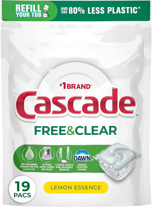 Cascade Free & Clear Dishwasher Pods, Dishwasher Detergent, Dish Detergent Soap, Lemon Essence, 19 Count