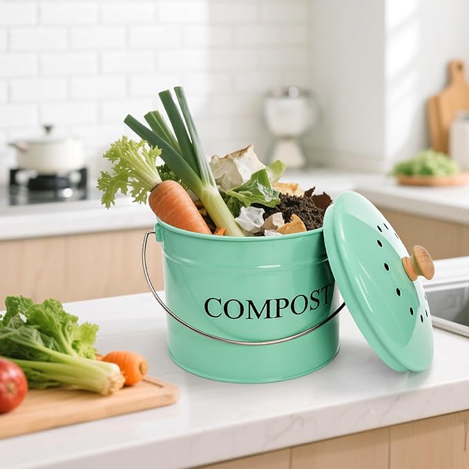 AVLA Kitchen Compost Bin, 1 Gallon Countertop Food Waste Container, Odorless Composter Bucket with Lid and Charcoal Filter, Indoor Metal Composting Pail, Mint Green