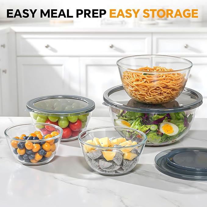 Glass Mixing Bowls with Lids Set of 5(4.78QT,2.2QT,1.7QT,1.1QT,0.85QT),Thick Glass Nesting Bowls for Kitchen Baking,Cooking Prep,Storage,Serving,Large Salad Bowls,Dishwasher Microwave Freezer Safe