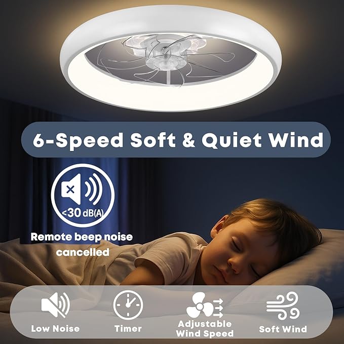 20'' Ceiling Fan with Light, Upgraded Low Profile Fan, Flush Mount Ceiling Fan, 6 Speeds, Dimmable LED, App & Remote Control, Quiet DC Motor, For Bedroom, Living Room, F109 White