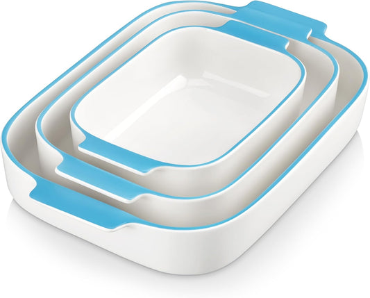 MALACASA Casserole Dishes for Oven, Ceramic Baking Dishes Set of 3, Rectangular Lasagna Pan Deep Baking Pans, Bakeware Sets with Handles Gift Set, White with Blue Trim(13.8''/11.7''/9.4''), Series BAKE