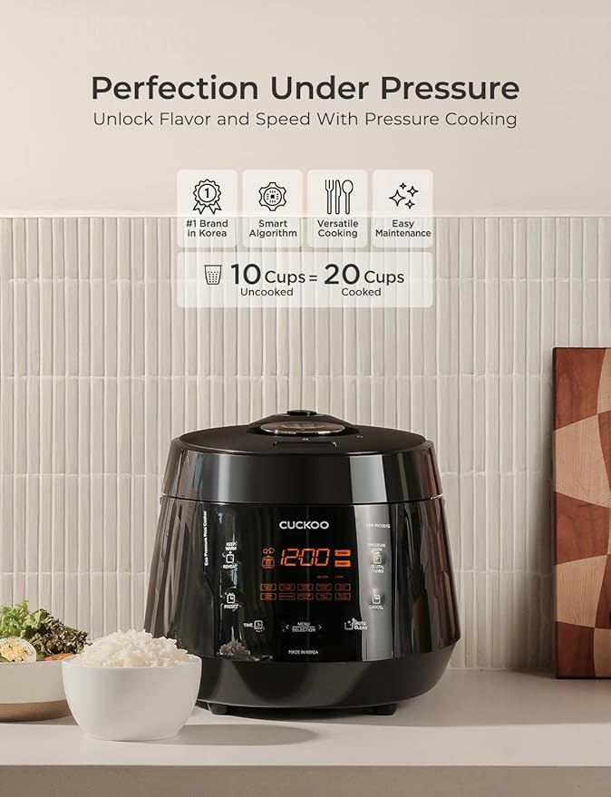 CUCKOO High Pressure Rice Cooker 10-Cup Uncooked / 20-Cup Cooked with Nonstick Inner Pot, Large Rice Maker with 13 Menu Options and Steam Plate, Fuzzy Logic Tech, Auto Clean, Black (CRP-PK1001S)