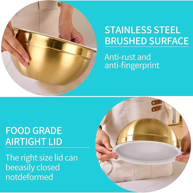 6 Piece Gold Mixing Bowls Set With Lids for Kitchen - Stainless Steel Ideal for Baking, Prepping, Cooking and Serving Food - Nesting Metal Bowls for Space Saving Storage