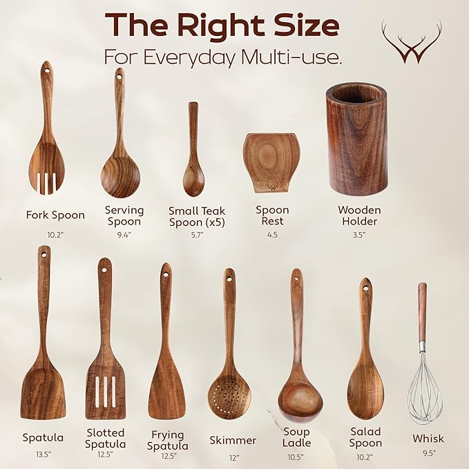16 Pcs Teak Wooden Cooking Utensils Set – Premium Teak Wooden Utensil Set with Holder, Wooden Spoons for Cooking, Spatulas & Ladle – Durable Kitchen Utensils for Everyday Use - Cooking Utensils Set