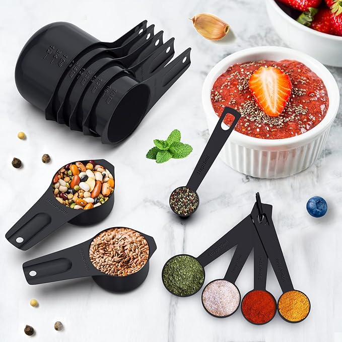 21 Pcs Stainless Steel Measuring Cups and Spoons Set, Wildone Stackable Metal Measuring Cups and Spoons for Cooking & Baking, Includes 7 Cups, 9 Spoons and 5 Mini Spoons（Black）