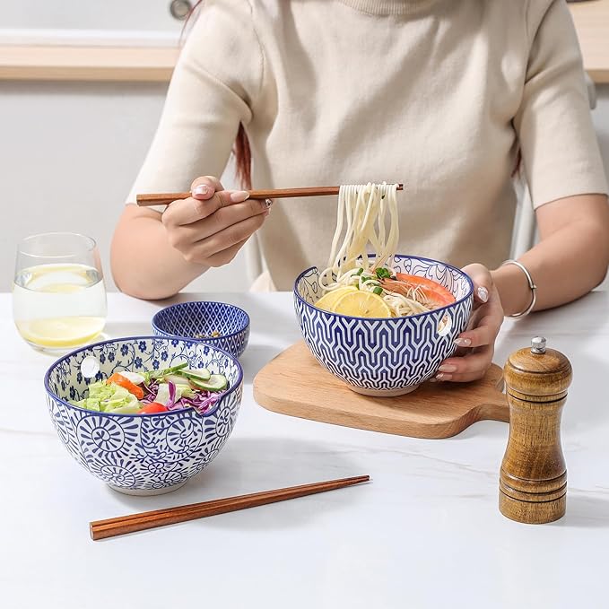 Selamica Ceramic Ramen Bowls Set, 15 OZ Noodle Bowls for Kitchen with Chopsticks, Deep Soup Bowls for Japanese Ramen Udon Soba, Microwave Dishwasher Safe, Set of 4, Vintage Blue