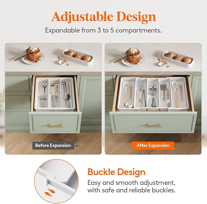 Lifewit Utensil Organizer for Kitchen Drawers, Expandable from 13‘’ to 22.4'', 15'' Depth, Plastic Cutlery Silverware Flatware Holder, Spatula Tools and Gadgets Storage, Large, White