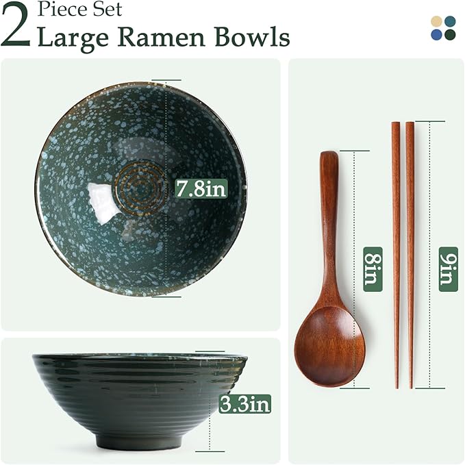 NUTRIUPS 8 Inch Ceramic Ramen Bowl Set of 2 Pho Bowls Japanese Noodle Udon Soup Bowls with Spoons and Chopsticks (Emerald)