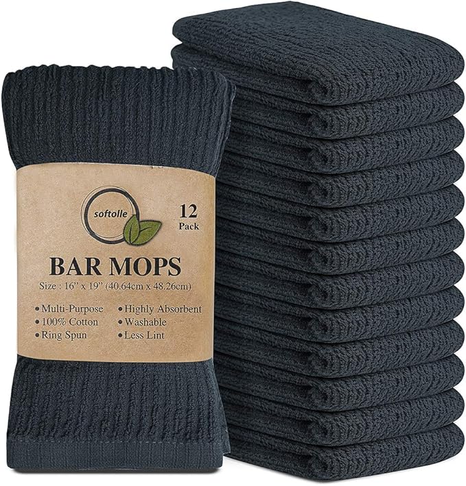 Softolle Bar Mop Towels, Pack of 12-16x19 Inches - 100% Cotton Super Absorbent Towels, Multi-Purpose for Home and Bar Cleaning (Grey)