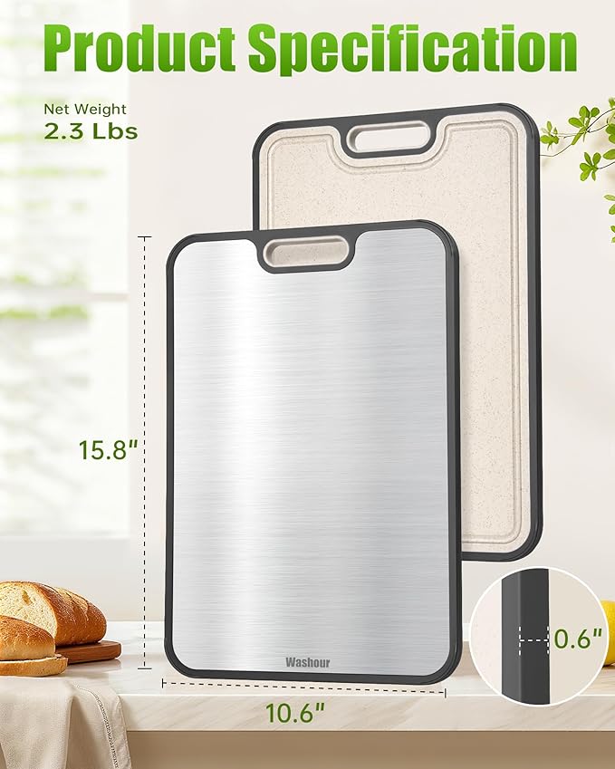 Titanium Cutting Boards for Kitchen, Non Toxic 2-in-1 Cutting Board Double Sided, Food Grade Pure Titanium and Wheat Straw PP, Easy to Clean Large Size 16”×11”