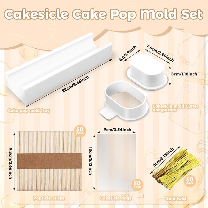 3 Inch Cakesicle Cutter and Cake Pop Mold Set with 8.7in Tray, 100 Wooden Sticks & 100 Bags, Silicone Cakesicle Mold for Homemade Cake Pops, Baking, Birthdays and Party Desserts (White)