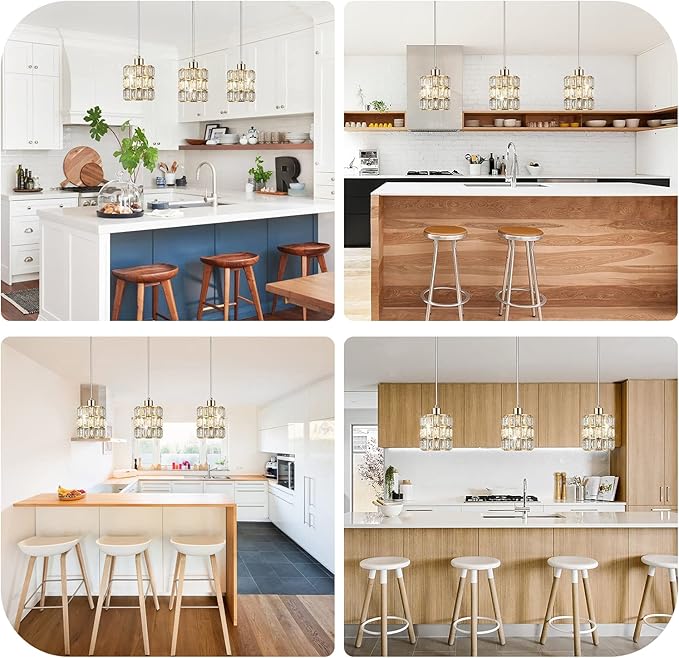 Gold Crystal Pendant Light, Pendant Lights Kitchen Island 3 Pack, Adjustable Modern Pendant Light, Hanging Light Fixtures for Dining Room Entryway Living Room Bar