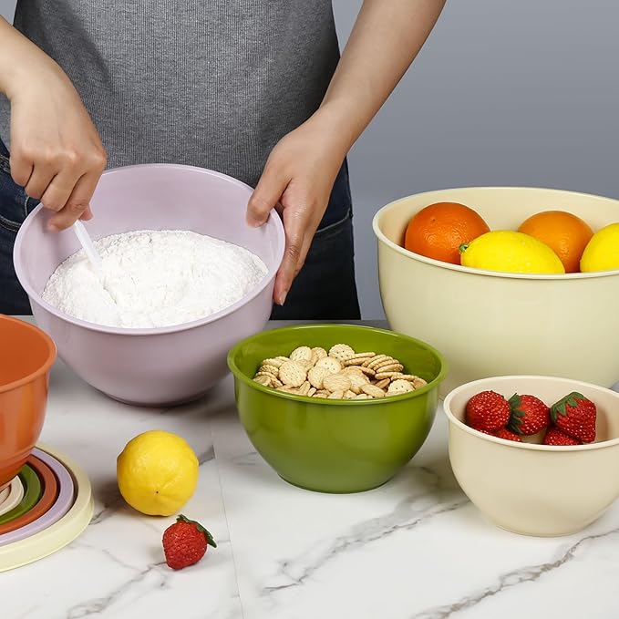 Plastic Mixing Bowls with Lids Set for Kitchen, Nesting Bowls for Mixing, Baking, Prepping, Cooking and Serving Food (5 Set-Olive green)