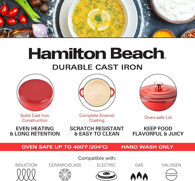 Hamilton Beach Enameled Cast Iron Dutch Oven 5.5-Quart Red, Cream Enamel Dutch Oven Pot with Lid