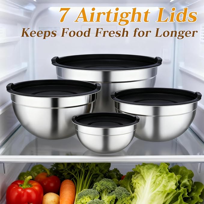 Unokit Mixing Bowls with Lids Set - 7 Pcs Stainless Steel Mixing Bowls with 3 Grater Attachments, Mixing Bowl Set