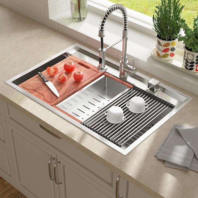 33 Inch Kitchen Sink Drop In - Lordear 33x22 inch Stainless Steel Kitchen Sink Drop-in Topmount 16 Gauge Single Bowl Workstation Kitchen Sinks with Accessories