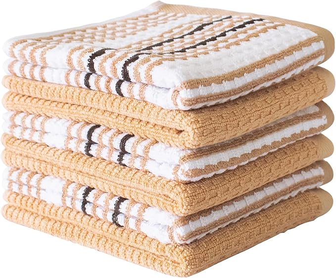 CRAFTSWORTH Kitchen Towels, 15x26 Inches, Pack of 6, 400 GSM, 100% Ring Spun Cotton, Tan Solid & Stripe, Super Soft & Absorbent