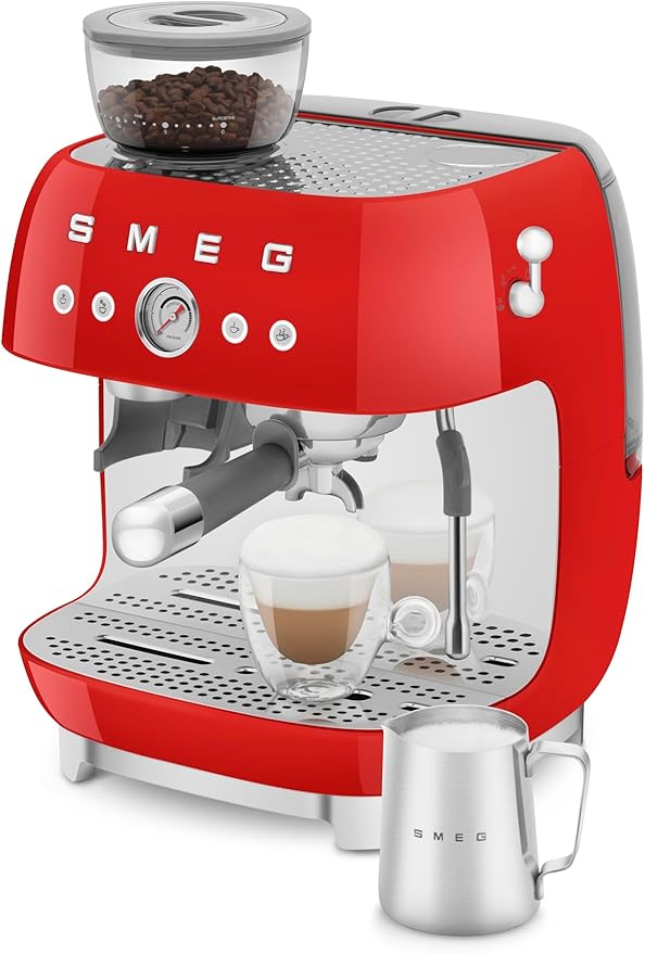 Smeg EGF03 Semi-Automatic Espresso Machine with Built-In Grinder, Dual Thermoblock, 50’s Retro Style – Red (120 V)
