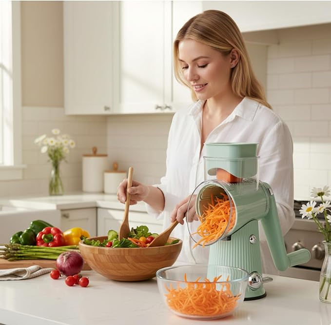 TOPAA Rotary Cheese Grater with Handle Vegetable Shredder with 5 Blades, Round Mando line Slicer and Food Chopper for Kitchen (Green)