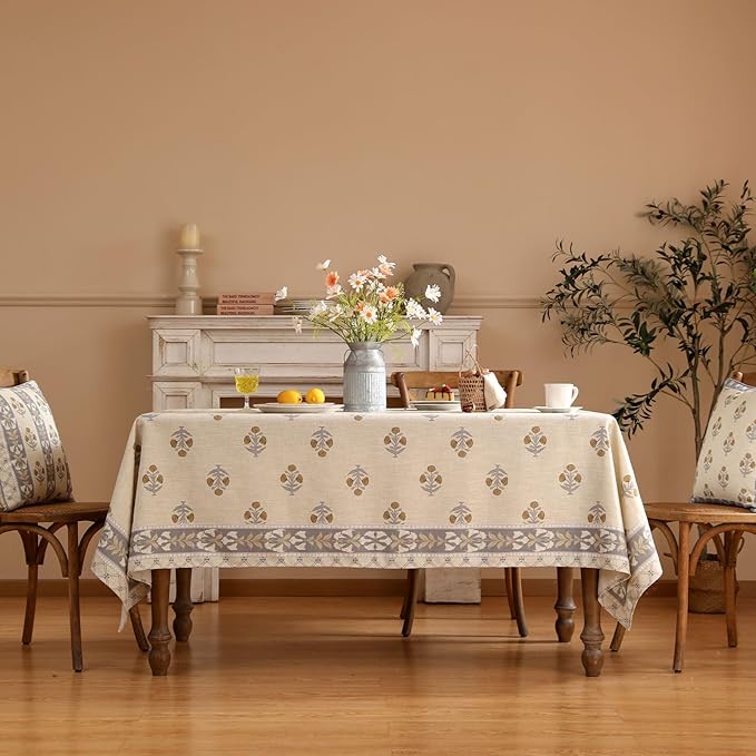 patdrea Designer Beige Tablecloth for Rectangle Tables,Vintage Linen with Yellow Flowers Pattern Tablecloths,Rustic Floral Table Cover Cloth Decor for Kitchen Dining Christmas,63"*110"