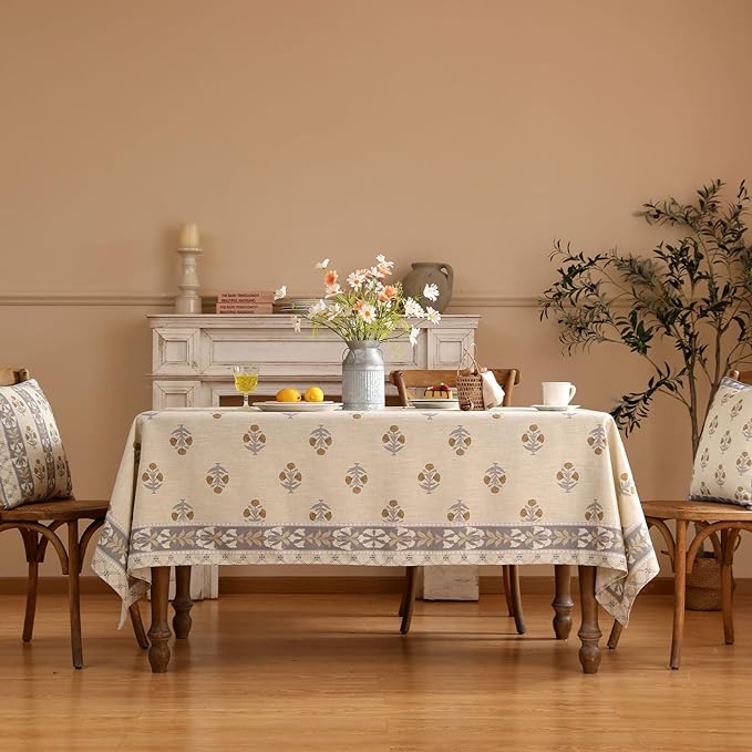 patdrea Designer Small Beige Tablecloth for Square Tables,Vintage Linen with Yellow Flowers and Trees Tablecloths,Rustic Floral Table Cover Cloth Decor for Kitchen Dining Christmas,55"*55"