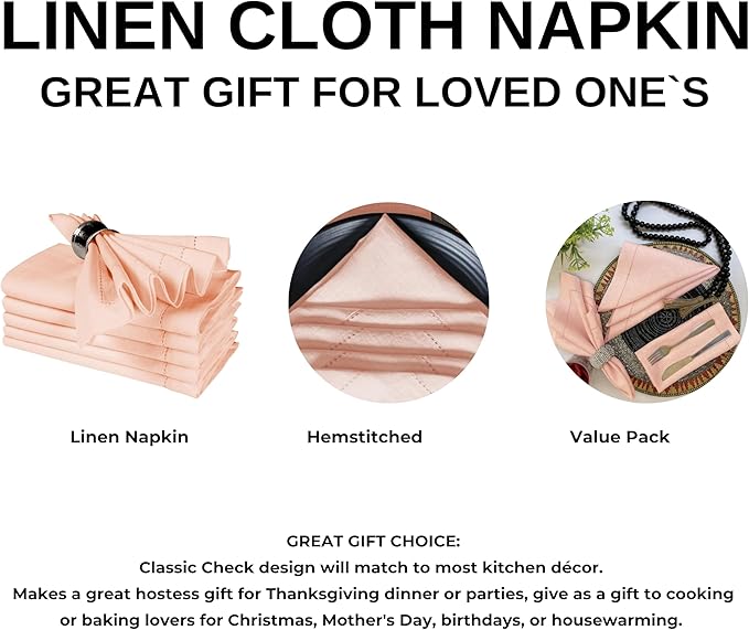 Bedding Craft Linen Napkins Set of 4 Rose Water -100% Linen Size 18"x18" with Retail Gifting Package,Wedding, Dinner Napkins, Fabric, Machine Washable Dinner Hemstitched