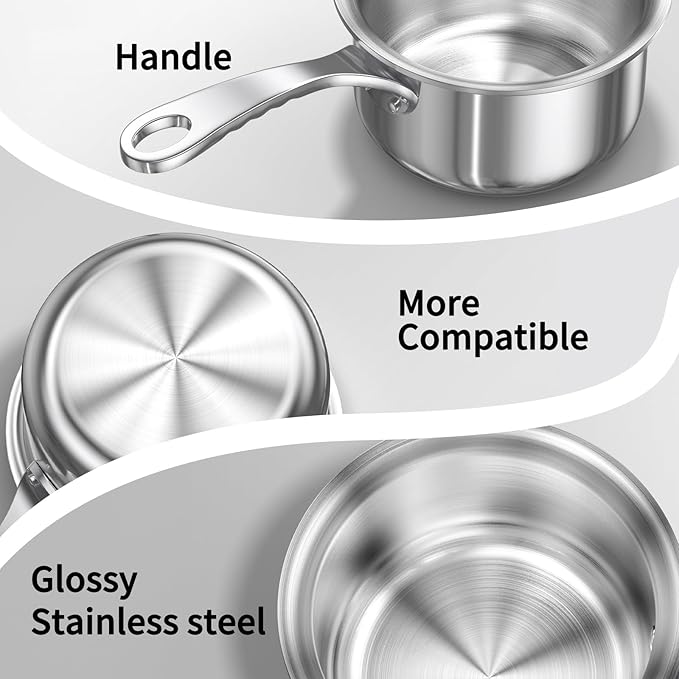 Macevia Mini Sauce Pan with Lid,Stainless Steel Butter Warmer Small Pot, For All Stoves Multipurpose Use for Home Kitchen or Restaurant (10.8oz/320ml) - Silver
