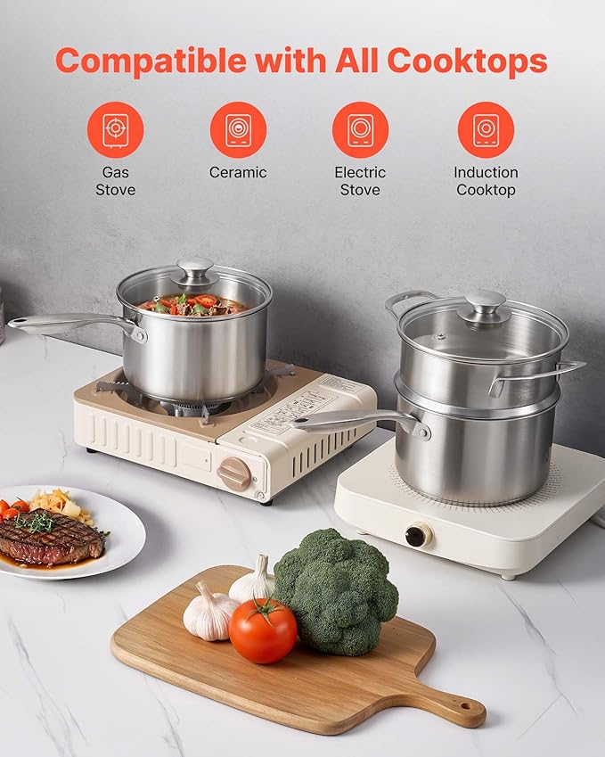 VEVOR 2.5 QT Saucepan with Steamer, Stainless Steel Saucepan with Glass Lid, Multipurpose Nonstick Stainless Steel Sauce Pot with Ergonomic Handle, Friendly for Oven, Dishwasher, Induction Cooker