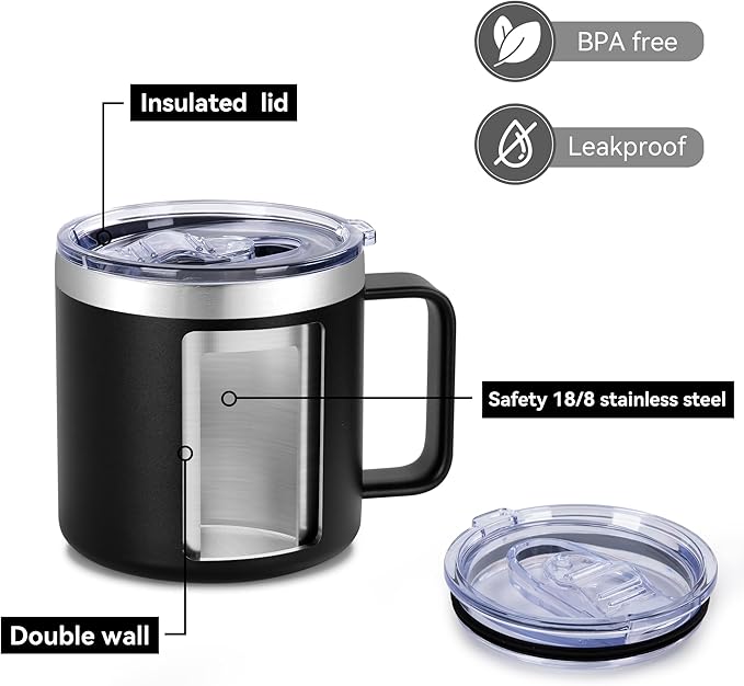VEGOND 14 oz Insulated Coffee Mug with Handle, Stainless Steel Travel Coffee Mug with Lid, Double Wall Vacuum Metal Coffee Cup, Coffee Tumbler Powder Coated, Black 1 Pack