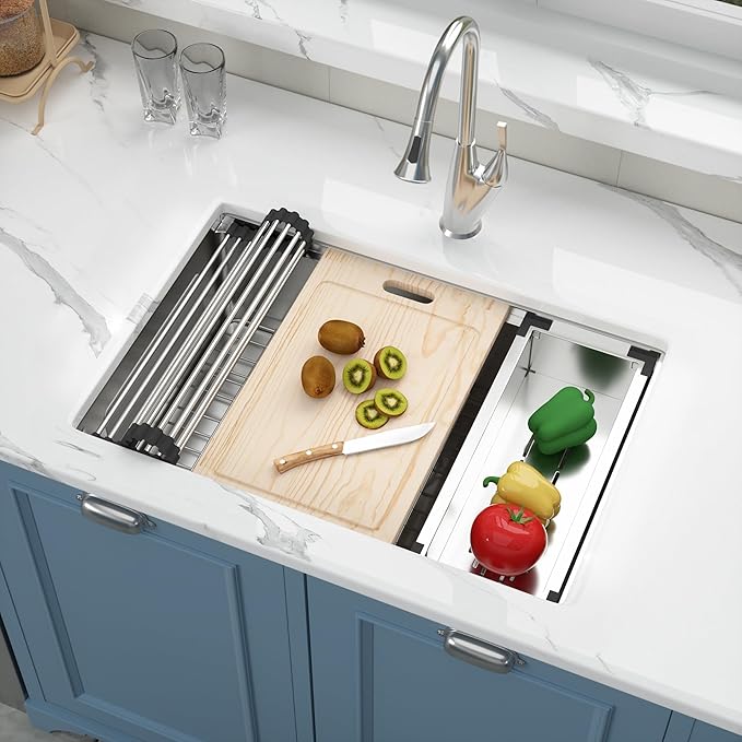 27 Inch Undermount Kitchen Sink Workstation 27x19x9 Inch Stainless Steel 16 Gauge Single Bowl Kitchen Sink Under Counter Sinks