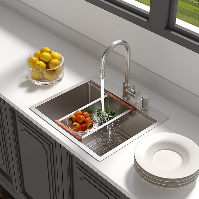Lordear Drop In Kitchen Sink 25 Inch Stainless Steel Drop In Workstation Sinks 16 Gauge Ledge Workstation 25x22 Drop-in Topmount Single Bowl Kitchen Sink With Accessories