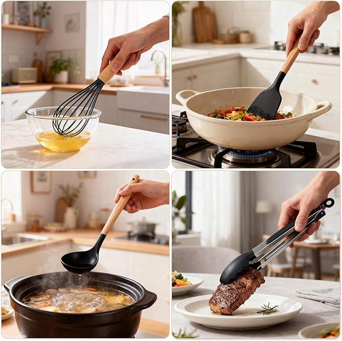 Silicone Cooking Utensil Set,12 PCS Cooking Cookware Kitchen Utensils Set for Cooking, Nonstick 446°F Heat-Resistant Cookware Kitchen Tools of Spoon,Brush,Whisk,Spatula,Turner Tongs (Black)