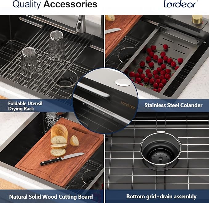 Lordear Waterfall Kitchen Sink 33 Drop In Kitchen Sink With Faucet Combo 33"x22" Workstation Gunmetal Black 16 Gauge Single Bowl Topmount Handmade Sinks with Pull Out Faucet, Glass Rinser