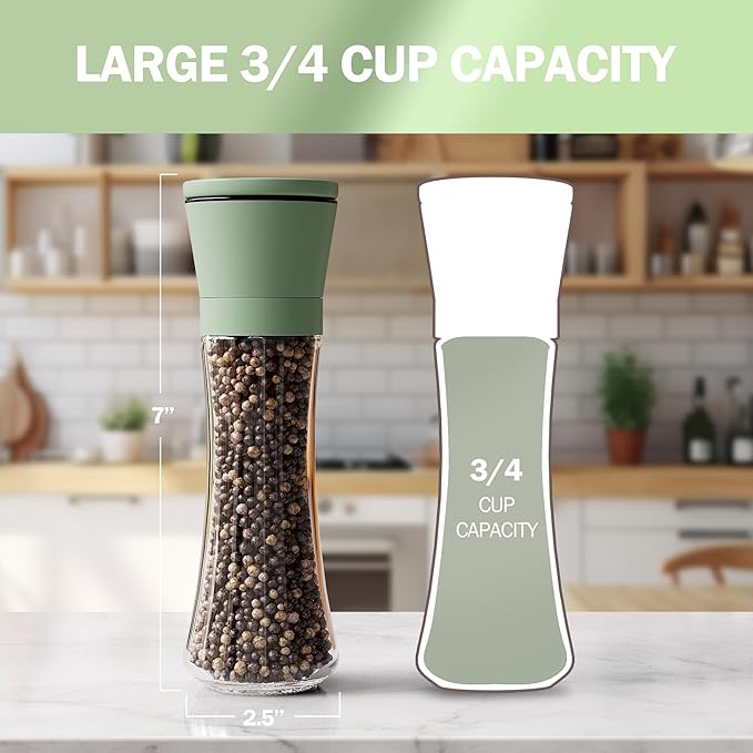 Home EC Premium Green Sea Salt and Pepper Grinder Set of 2 - Adjustable Ceramic - Tall Glass Salt and Pepper Shakers - Kitchen Pepper Mill & Salt Mill W/Funnel & EBook