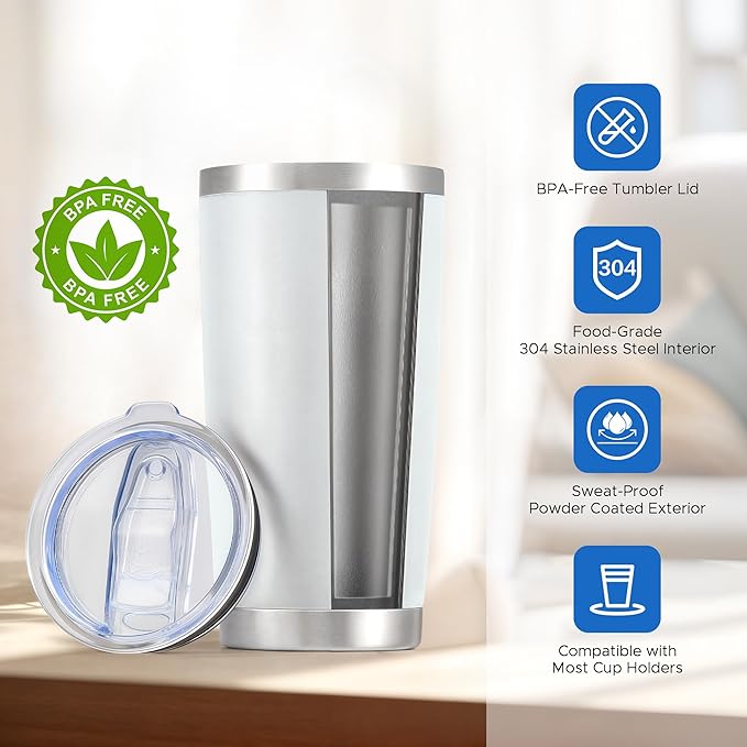 OMTech 20oz Tumblers Bulk, 12pc Stainless Steel Tumbler Set with Lid & Straw, Double Wall Vacuum Insulated Mug for Laser Engraver, Travel Coffee Mug for Hot & Cold Drinks, White Powder Coated Cup