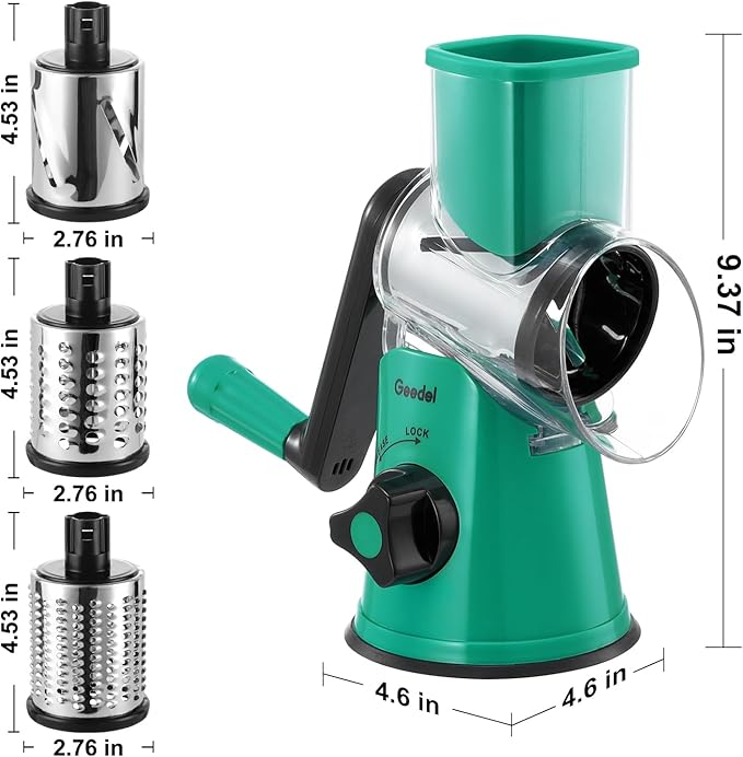 Geedel Rotary Cheese Grater with 3 Interchangeable Blades, Kitchen Mandoline Vegetable Slicer for Fruit, Nuts , Easy to Clean